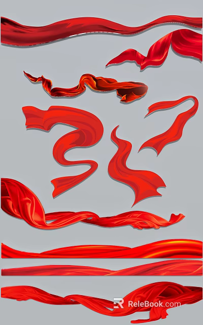 Elegant Red Silk Streamer Ornament Decoration Set With Curved Flowing Designs 3d model 
