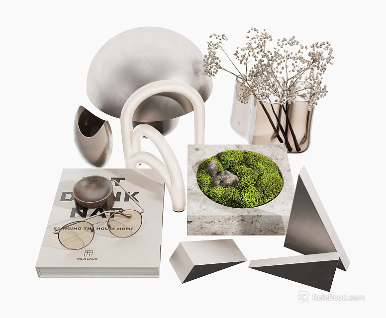 Decorative Ornament Set with Loop and Geometric Shapes Dried Flowers Moss and Magazine 3d model 