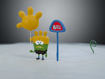 Green Cartoon Character Wearing Yellow Sun Hat Near BUZ Sign Palm Balloon And Green Spiral 3d model