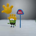 Green Cartoon Character Wearing Yellow Sun Hat Near BUZ Sign Palm Balloon And Green Spiral