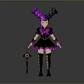 3D Character and Creature with Twin Ponytails Pink Black Hair Black Pink Dress Holding Staff
