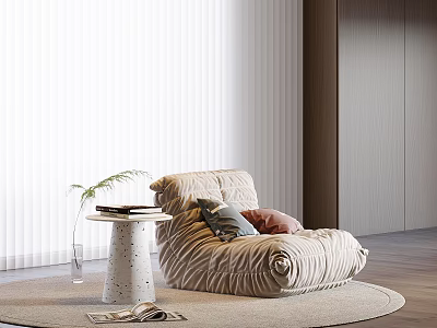 Pleated Beige Lazy Sofa In Modern Living Room With Round Rug Side Table Books And Plant 3d model