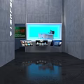 Modern Art Installation Space With Hanging Structures Orange Reflective Floor And Red Illuminated Area