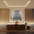 SPA Sauna Relaxing Room With Massage Bed Wooden Walls Circular Window And Warm Ambient Lighting