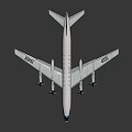 White Commercial Airplane Model With Four Engines Blue Stripes And Red Tail