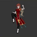 Woman With Red Hair In Red Traditional Outfit Dancing Pose Against Gray Background
