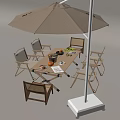 Outdoor Table and Chair Combination with Umbrella and Fruits on Wooden Table