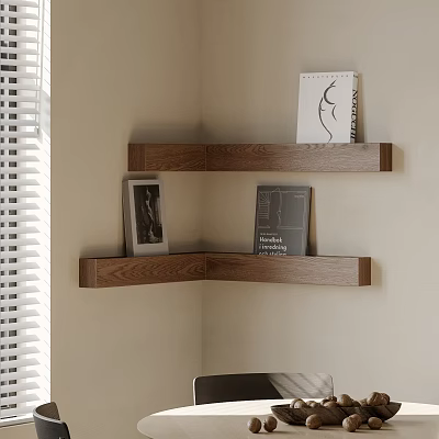Modern Wooden Corner Shelf With Books And Frame On Neutral Wall 3d model