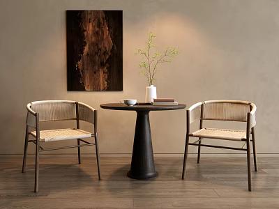 Modern Round Table With Woven Chairs Dark Wooden Painting And Vase Plant On Floor 3d model