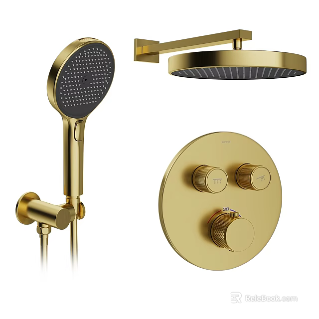 Modern Gold Shower System with Handheld and Rain Showerhead and Control Knobs 3d model 