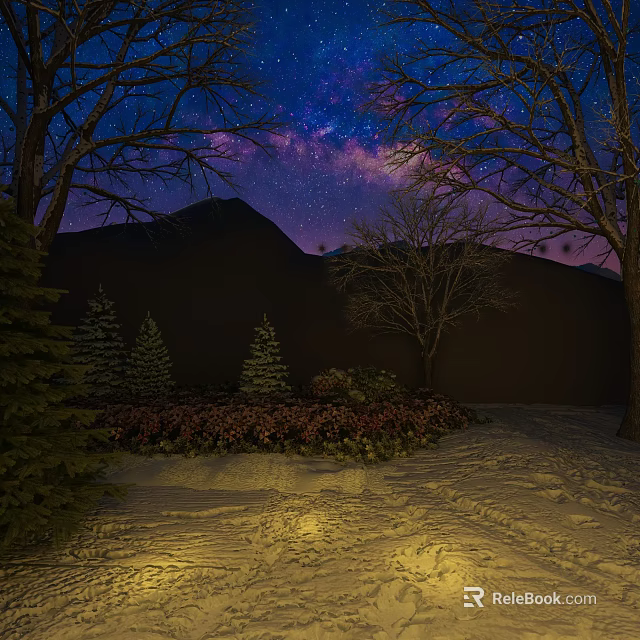 Stunning Night Landscape With Milky Way Starry Sky Snowy Ground And Mountain Silhouette 3d model 