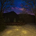 Stunning Night Landscape With Milky Way Starry Sky Snowy Ground And Mountain Silhouette