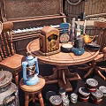 Vintage Daily Living Items Display With Cash Register Safe Cans Rolled Cloths And Furniture