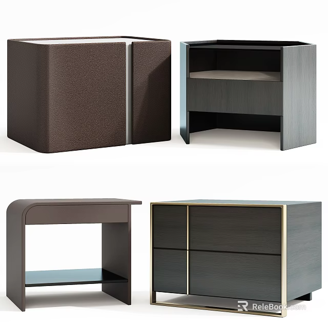 Modern Bedside Tables with Different Designs Drawers Open Shelves and Gold Accents 3d model 