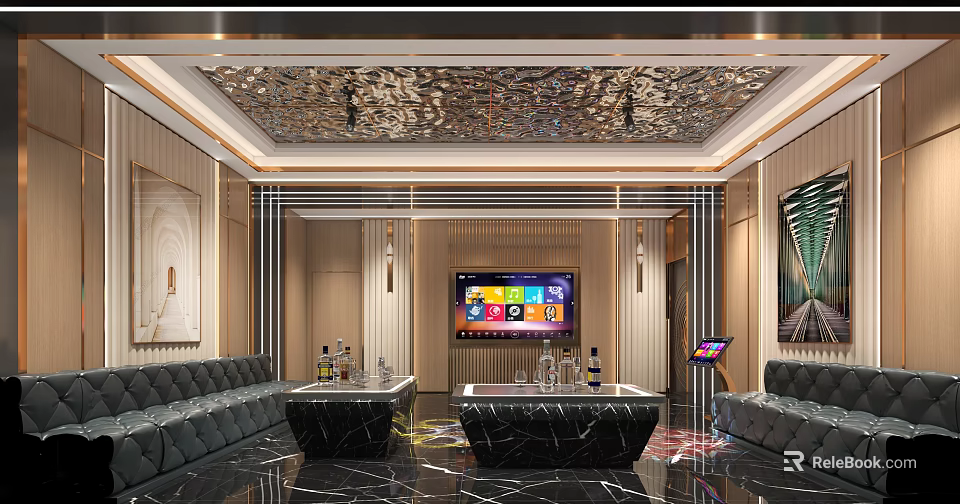 Modern KTV Interior Design With Shimmering Ceiling Leather Sofas Marble Tables And Large Screen TV 3d model 