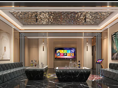 Modern KTV Interior Design With Shimmering Ceiling Leather Sofas Marble Tables And Large Screen TV 3d model