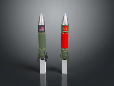 Two Green And Red Military Missiles With American North Korean Flags Displayed On White Bases 3d model