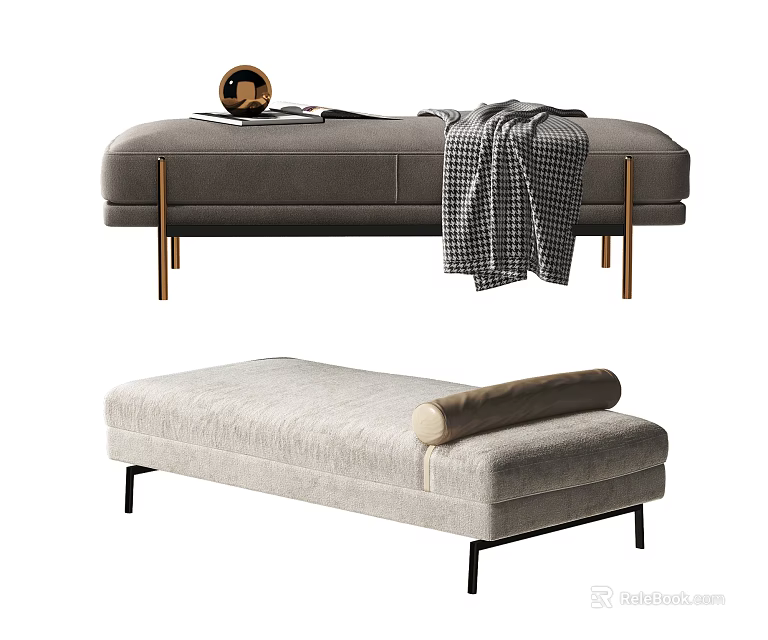 Modern Gray Footstools With Gold Black Legs Checkered Blanket And Rolled Cushion 3d model 