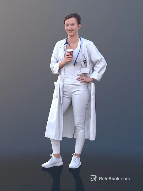 Woman in white doctor coat with stethoscope holding coffee cup against gray background 3d model 