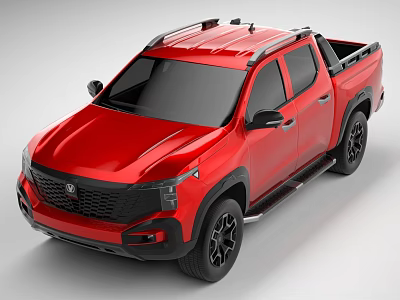 Red Pickup Truck Exterior Design With Roof Rack And Black Wheels 3d model