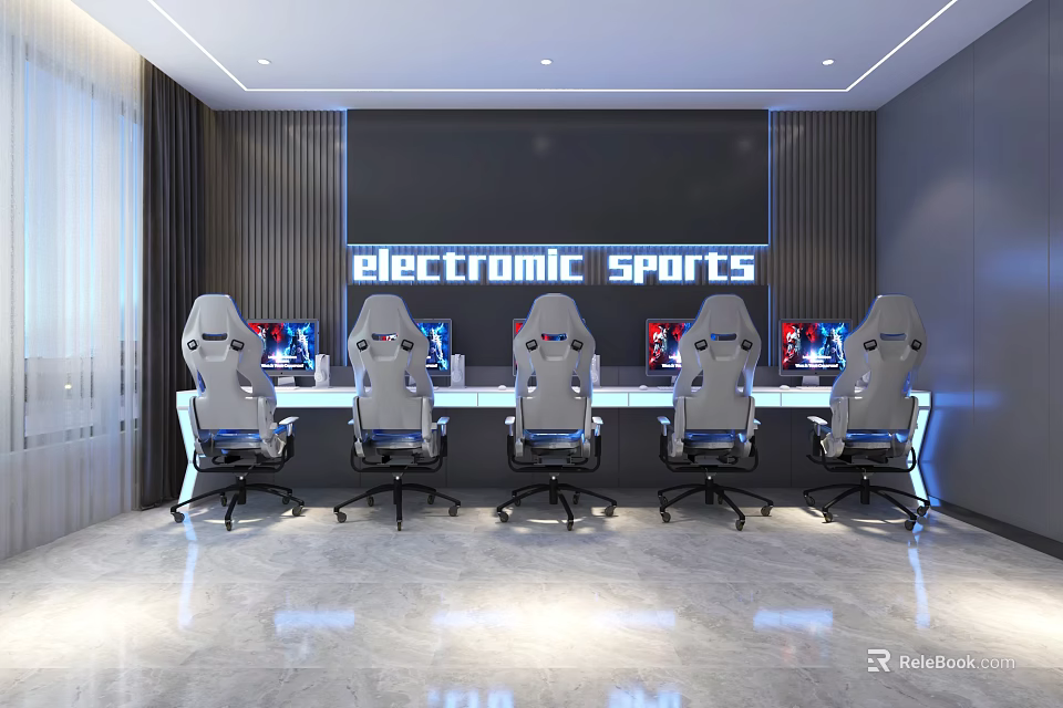 Modern Internet Cafe Interior With Esports Gaming Chairs Computers And Electronic Sports 3d model 