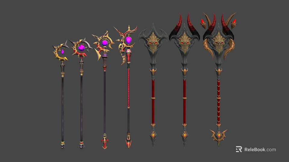 Various Fantasy Magical Staffs With Ornate Details And Colorful Crystal Accents 3d model 