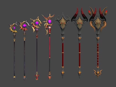 Various Fantasy Magical Staffs With Ornate Details And Colorful Crystal Accents 3d model