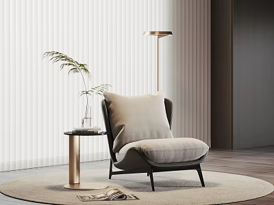 Minimalist Single Sofa With Soft Pillow Beside Gold Side Table Floor Lamp On Round Rug 3d model