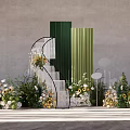 Decorative Indoor Arrangement Featuring Green Screens Curved White Structure Sunflowers And Plants