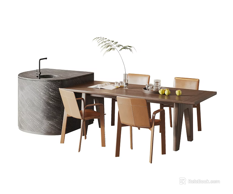 Wooden Dining Table Set with Beige Chairs Circular Stone Basin Potted Plant and Fruits 3d model 