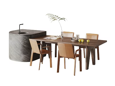Wooden Dining Table Set with Beige Chairs Circular Stone Basin Potted Plant and Fruits 3d model