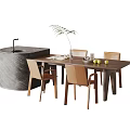 Wooden Dining Table Set with Beige Chairs Circular Stone Basin Potted Plant and Fruits