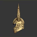 Golden Ornamental Battle Helmet With Curved Horns Intricate Carvings And Reflective Surface On Gray Background