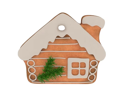Festive Gingerbread House Ornament With White Roof Chimney And Green Pine Branch 3d model