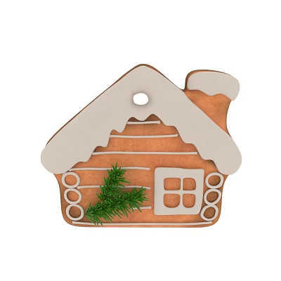 Festive Gingerbread House Ornament With White Roof Chimney And Green Pine Branch 3d model