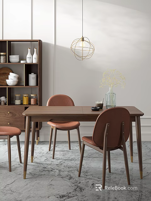 Modern Wooden Dining Table Set with Brown Chairs Gold Chandelier and Vase Flowers 3d model 