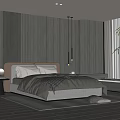 Modern Bedroom Interior With Dark Wood Paneled Walls Upholstered Headboard Gray Bedding Hanging Pendant Lights