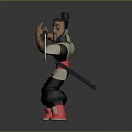 Animated Male Game Character In Black White Red Outfit Holding Sword In Fighting Stance
