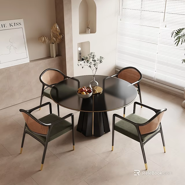 Modern Round Dining Table Set With Woven Chairs Green Cushions And Vase Decor 3d model 