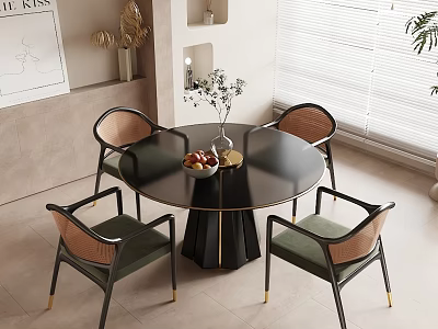 Modern Round Dining Table Set With Woven Chairs Green Cushions And Vase Decor 3d model