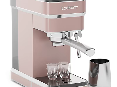Kitchen Appliance Pink Coffee Machine With Glass Cups And Stainless Steel Container 3d model