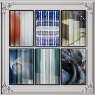 Modern Abstract Paintings Six Panel Composition With Vibrant Colors Striped Patterns And Spiral Textures 3d model