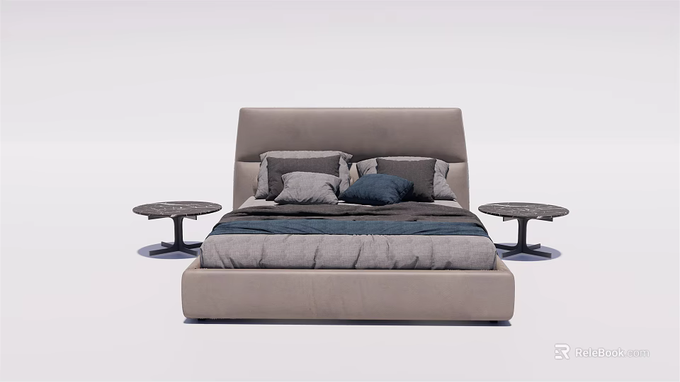 Modern Gray Double Bed Interior With Comfortable Pillows And Side Tables 3d model