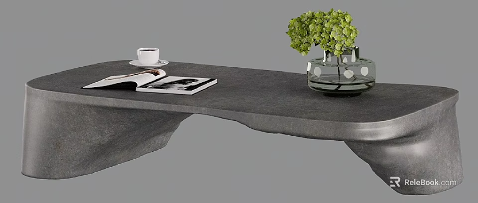 Modern Gray Coffee Table With Open Magazine Coffee Cup And Green Flowers In Vase 3d model 