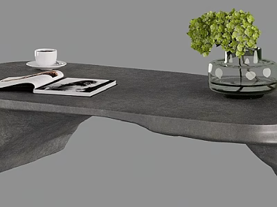 Modern Gray Coffee Table With Open Magazine Coffee Cup And Green Flowers In Vase 3d model