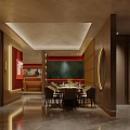 Modern Restaurant Interior With Red Walls Food Display Posters Dining Tables And Chairs