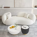 Modern White Curved Sofa Coffee Table Set With Plush Armchair Fruits And Plants