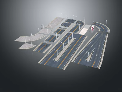3D Model of Urban Road Intersection With Lanes Street Lamps and Sidewalks 3d model