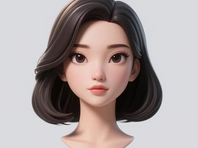 Woman With Dark Short Wavy Hair Big Eyes And Soft Expression On Gray Minimalist Background 3d model