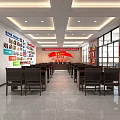 Bright Spacious Party Building Meeting Room With Neat Wooden Chairs And Cultural Display Walls